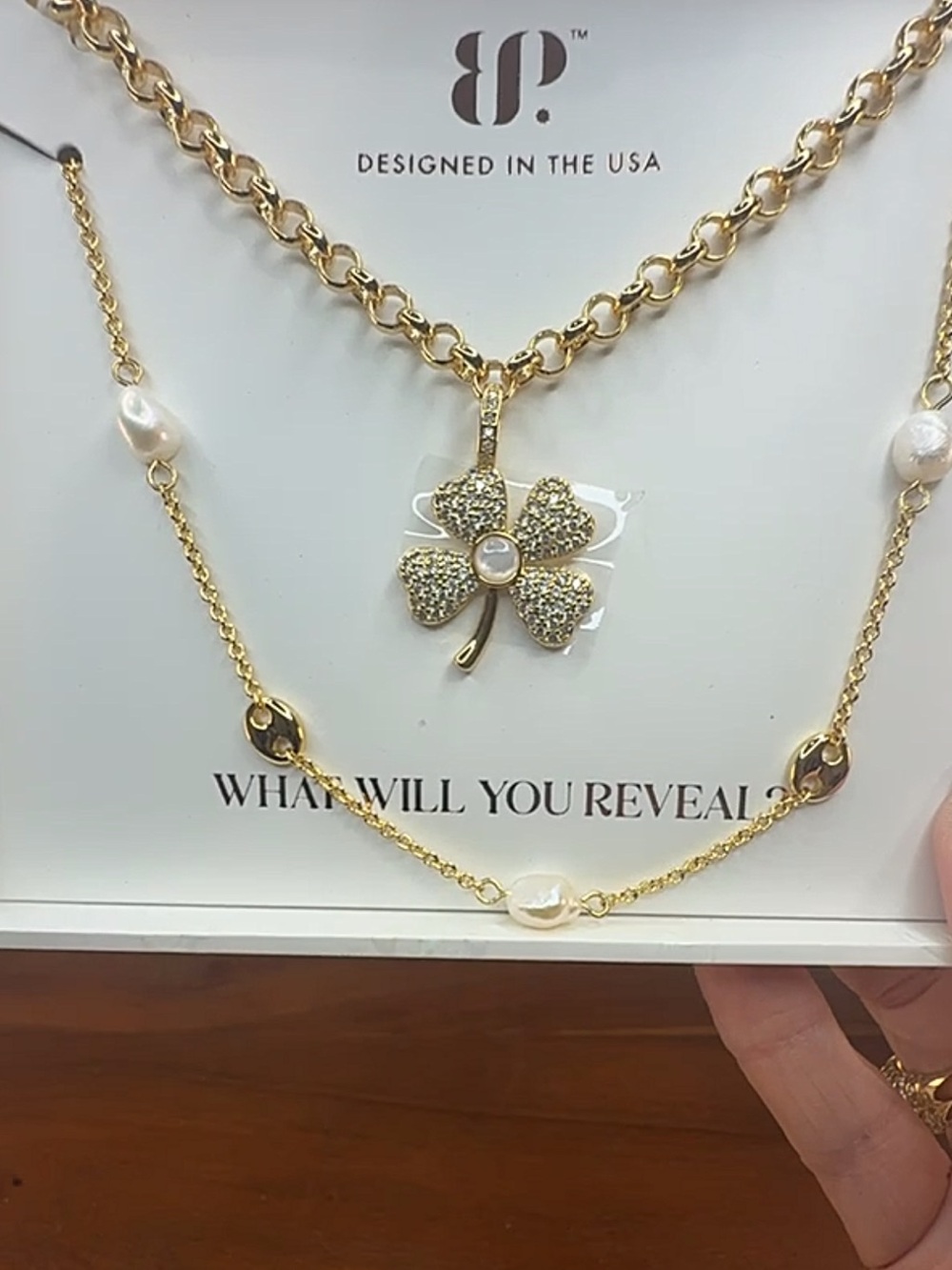 Bomb Party Clover Pendant Layered Necklace in Gold & Pearl NWT
